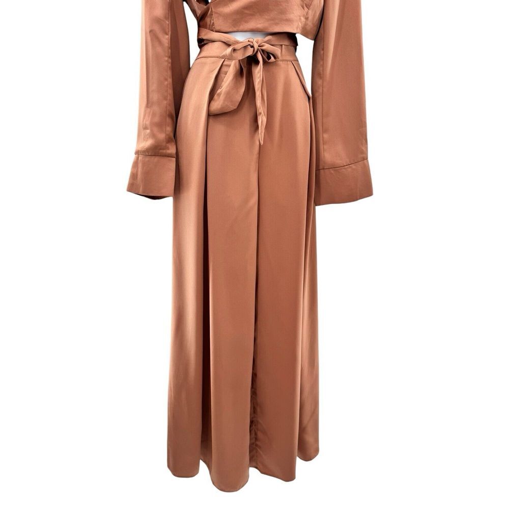 FATE 2pc Satin Cropped Wrap Blazer & Wide Leg Pant‎ Set Brown Medium Large NWT - Picture 3 of 16